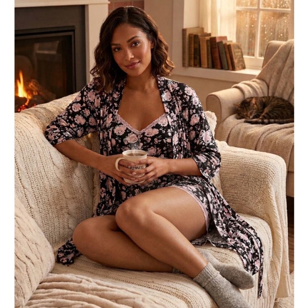 Rene Rofe 3-Piece Sleepwear Set lace trimmed Floral Cozy Lounge Set M black pink